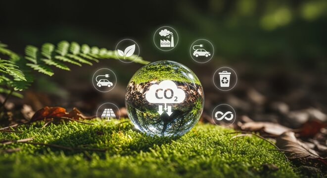 Carbon Neutrality Concept: Crystal Ball Reflecting CO2 Reduction Icons in Nature, Sustainability and Eco-Friendly Practices - Powered by Adobe