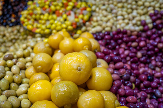 candied lemons and olives, souk market ,Tangier, Morocco, North Africa