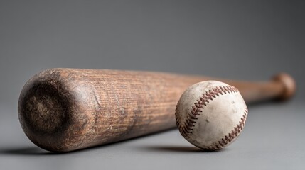 Vintage Baseball and Wooden Bat Still Life Against Neutral Backdrop for Sports Photography