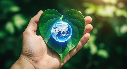 Global Sustainability Concept: Hand Holding Heart-Shaped Leaf with Globe, Symbolizing Environmental Protection and Ecological Awareness