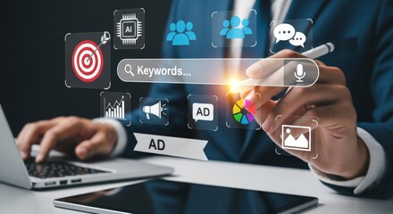 businessman pressing social network icon