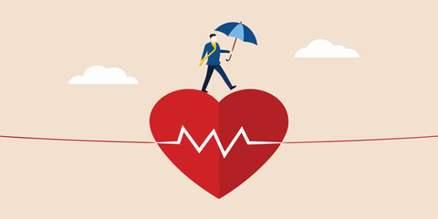 Man walking on a tightrope over a heart with an umbrella