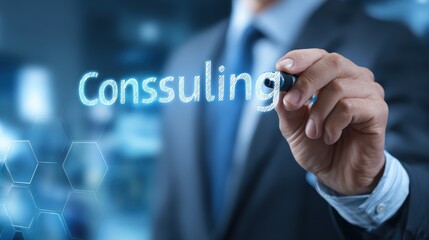 Businessman draws on a futuristic interface with digital pen, business process and technological innovation concept