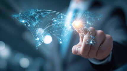 Fototapeta premium Global Connection Concept: Businessman Interacting with a Digital World Map, Representing Worldwide Communication and Technology