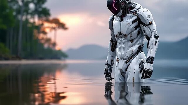 A robot standing in front of a body of water