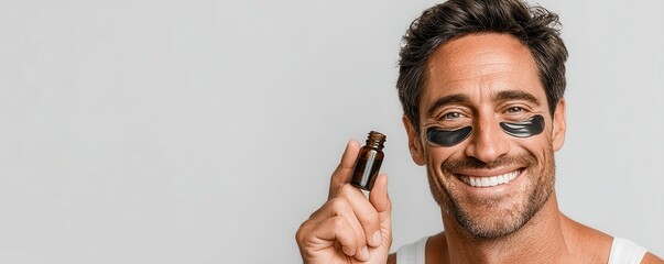 Smiling man with under-eye patches holding skincare bottle for self-care and beauty