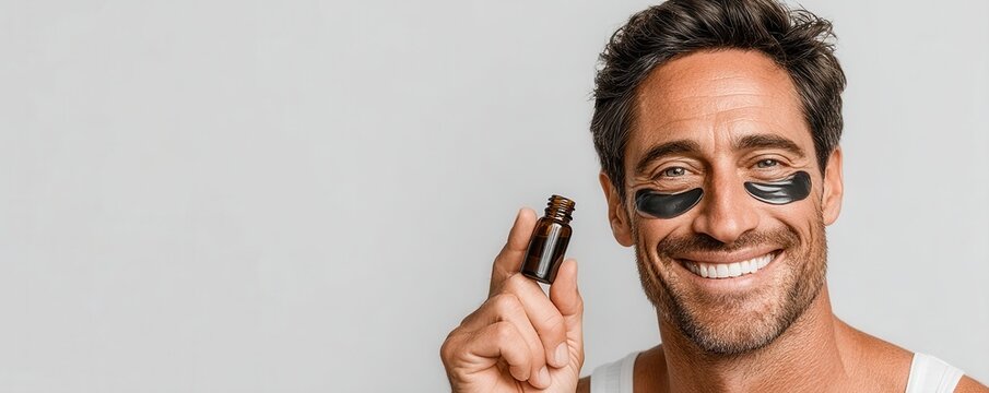 Smiling man with under-eye patches holding skincare bottle for self-care and beauty - Powered by Adobe