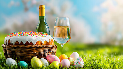 A bottle and glass of wine next to a wicker basket with Easter cake and Easter eggs on a green lawn under a sunny sky is a warm setting for spring advertising