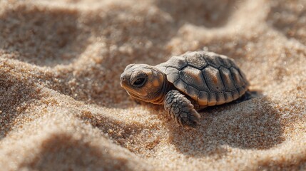 Obraz premium a moment in the sandy expanse of a beach where a tiny turtle is making its way through the loose grains