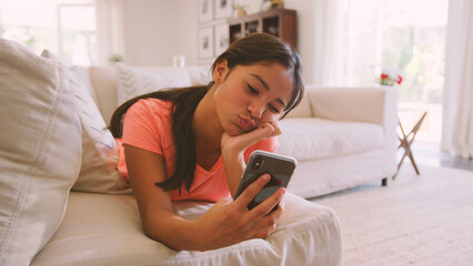 Young Girl Lying On Sofa In Lounge At Home Posing For Selfie On Mobile Phone