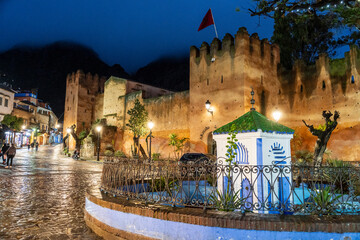 Chefchaouen, Uta al-Hamman Square, Kasbah, walled fortress built in the 15th century, Rif Mountains, Morocco, North Africa