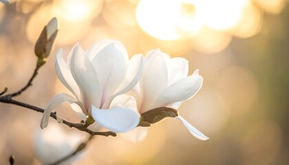 Close-up of delicate white blossoms against a blurred, golden-hued background, showcasing their soft petals and natural beauty