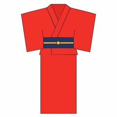 Vibrant Red Japanese Yukata with Contrasting Blue Obi Belt and Gold Accent