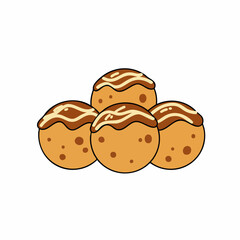 Four cartoon takoyaki balls with brown sauce and mayonnaise drizzle, close-up view