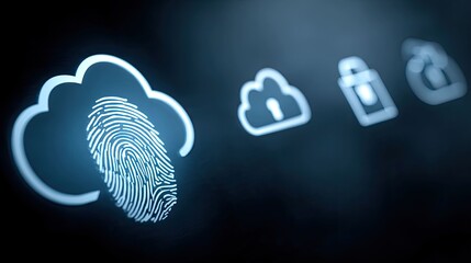 an overlay of what appears to be a cloud based system interface superimposed onto a photograph of a fingerprint scanner or similar biometric device, suggesting themes of security, technology