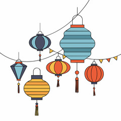 Colorful Hanging Lanterns with Decorative Tassels and Festive Garland.