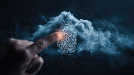 a moment of data privacy protection in action. a human hand is using a biometric scanner to authenticate identity, with a stylized fingerprint being registered