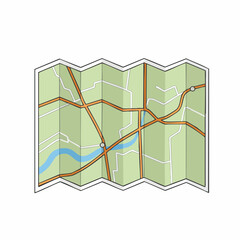 Folded city map with river, streets, and location markers