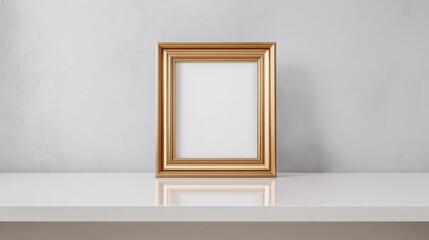 Elegant Gold Picture Frame Mockup on White Shelf for Art and Photography Display