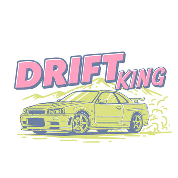 Retro Drift King T-Shirt Design with JDM Sports Car Illustration. Japanese Tuning Culture Vector Art and Motorsport Graphic.