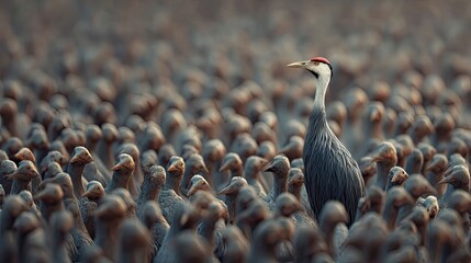 Fototapeta premium a unique scene of nature's balance: a bird perched atop a flock of cranes. the bird, positioned centrally in the frame, stands out against the gray brown feathers of its hosts