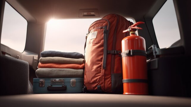 Fototapeta Car Trunk Packed for Adventure: Backpack, Luggage, Clothes, and Fire Extinguisher Ready for a Road Trip