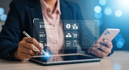 Businesswoman Analyzing Financial Data on Digital Tablet with Augmented Reality Interface, Futuristic Technology