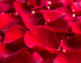 Close-up of layered, vibrantly red petals. Delicate textures and varying depths create a visually rich and romantic aesthetic. Light sparkles