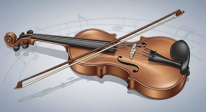 Elegant Violin and Bow Resting on a Light Surface, Classical Music Instrument.