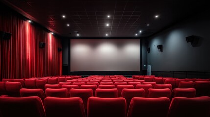 Obraz premium Empty Movie Theater with Red Seats and Large Screen, Ready for Show Time