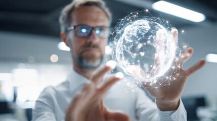 Man Manipulating Digital Globe: Innovative Technology, Data Visualization, Artificial Intelligence, Global Network, and Future Concepts