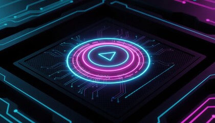 Bright neon circular interface with a central play symbol glowing over intricate circuit patterns representing futuristic technology and digital activation concepts