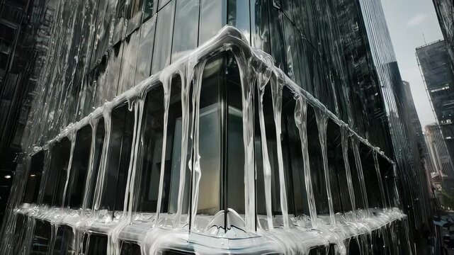 frozen glass skyscraper with heavy icicles, towering corner of modern highrise captured from street level, reflective facade draped in thick ice, pale sunlight glare between narrow towers, silent