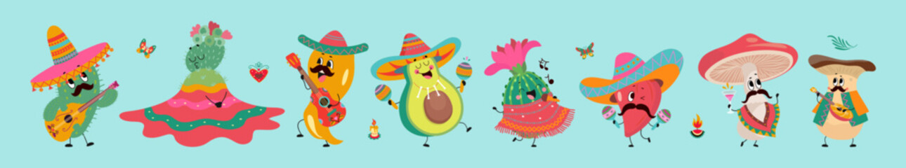 Mexican vegetables characters. Cinco de mayo festival, positive peppers in sombrero, avocado, mushroom and cactus dancing, play music, nowaday vector set