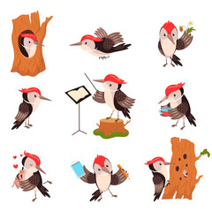 Naklejka premium Woodpecker characters. Cartoon funny woodpeckers on tree, drink tea, looking food. Cute forest wild bird different poses, childish mascot, nowaday vector set