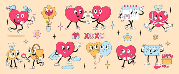 Valentines day groovy characters. Hearts balloons rings letter envelope calendar and flower. Funny romantic creatures, art creative stickers neoteric vector set