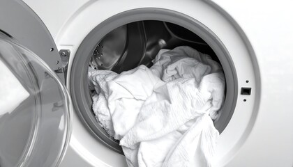 Close-up of open washing machine door, showing white laundry inside the drum. Interior of household appliance