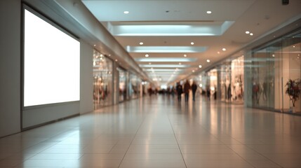 Obraz premium Blurred View of a Shopping Mall Interior with a Blank Advertisement Billboard Mockup for Customizable Content