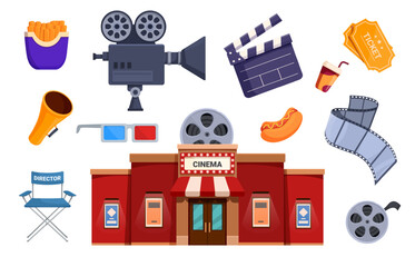 Movie theater. Cinema building icon, film director chair, fast food. Camera and clapper, megaphone, tickets. Isolated entertainment sapid vector elements