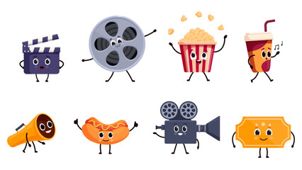 Cinema characters. Cartoon theater ticket, popcorn bucket camera and movie clapper. Isolated funny character, hot dog, drink take away glass, sapid vector elements