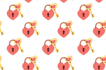Obraz premium Repeatable background featuring heart-shaped padlocks and golden keys. Romantic texture suitable for wrapping paper, textile print and wedding stationery.