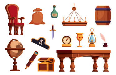 Pirate accessories and furniture. Ship interior elements, candles drink cup lantern. Adventures boat cabin furnitures. Wooden chair table globe, sapid vector clipart