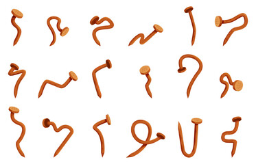 Rusty nails. Curved nail, old style hobnails cartoon icons. Industrial and repair equipment. Carpentry tools, iron elements for hanging and fastening, sapid vector set