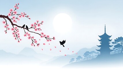 Graceful cherry blossom branch with birds in an idyllic Asian landscape under a soft moon, evoking peace and natural beauty with a traditional pagoda and misty mountains