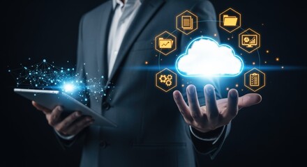 Cloud Computing Concept: Business professional presenting cloud technology solutions with data storage and application icons
