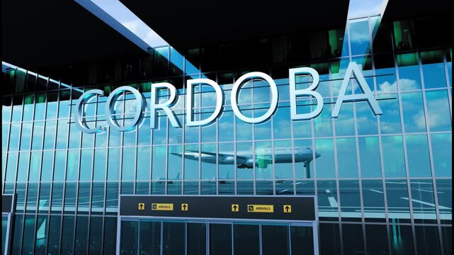 Airlane landing at Cordoba. Arrival in the city with reflection of airport and aircraft