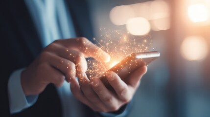 Man Using Smartphone with Futuristic Glow Effect, Representing Technology, Innovation, and Digital Connectivity
