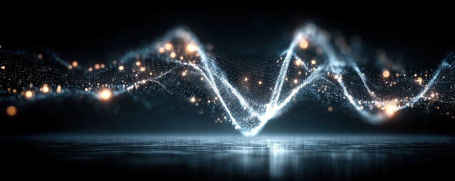 Abstract blue digital sound waves and glowing particles across a dark surface - Powered by Adobe