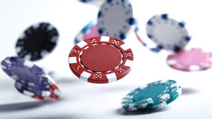Poker chips falling on white background, representing gambling, risk, and potential reward in a casino setting