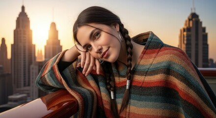Young woman with braids in striped poncho leaning railing, smiling camera, city skyline sunset